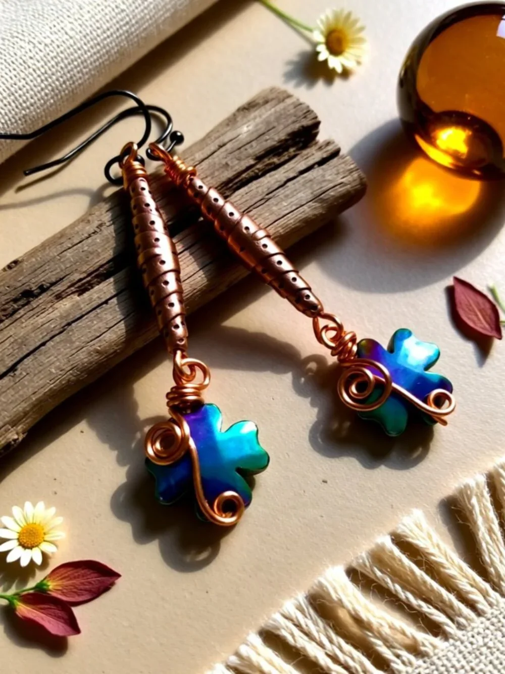Blue Green Purple Hues! 4 Leaf Clover Dangle Earrings! Positive Vibes & GoodLuck